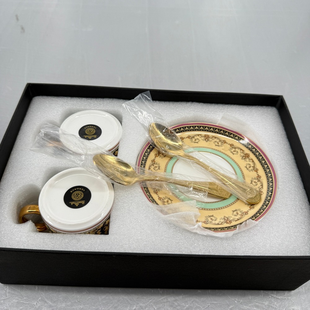 Versace Rosenthal Barocco Medusa Espresso Cup Saucer Spoon Set of 2 with Box - Picture 6 of 7